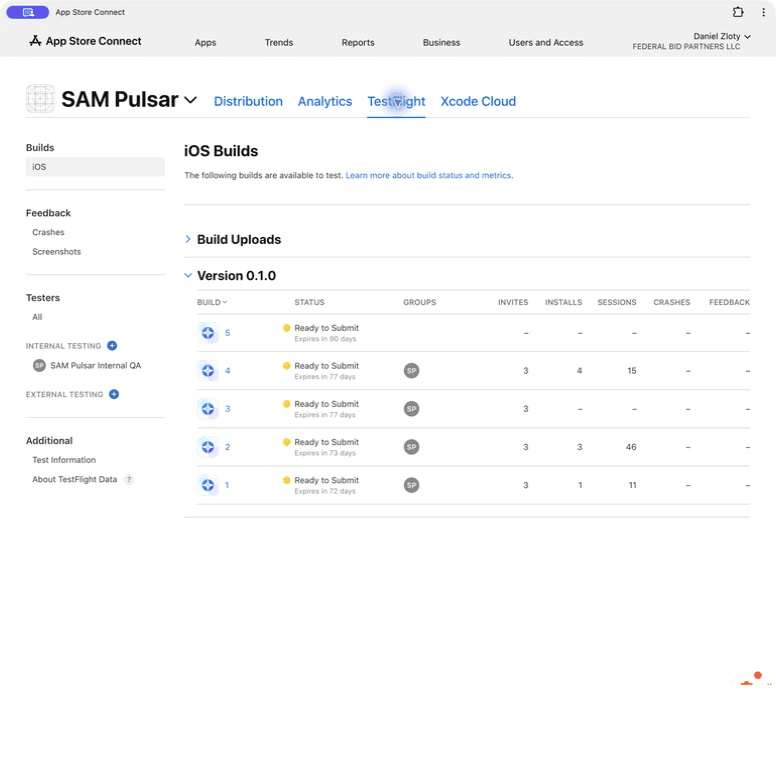 SAM Pulsar iOS build prepared in App Store Connect
